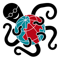 Octo Mondo Logo: a black spectacled octopus wraps its tentacles around the Earth.