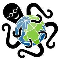 Octo Mondo Logo: a black spectacled octopus wraps its tentacles around the Earth.